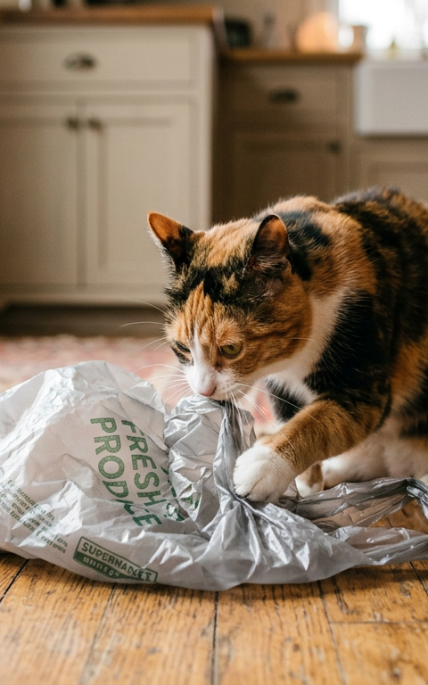 A curious calico cat sniffing and pawing at a crinkly plastic grocery bag on a kitchen floor.