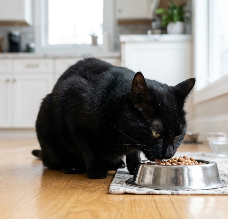 A ginger tabby cat hunched over a silver bowl eating very quickly in a kitchen setting.