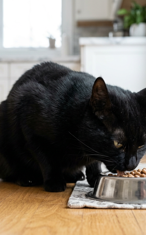 A ginger tabby cat hunched over a silver bowl eating very quickly in a kitchen setting.