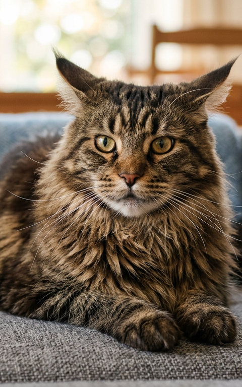 A domestic tabby cat with ears slightly tilted back in an airplane ears position while sitting on a sofa.