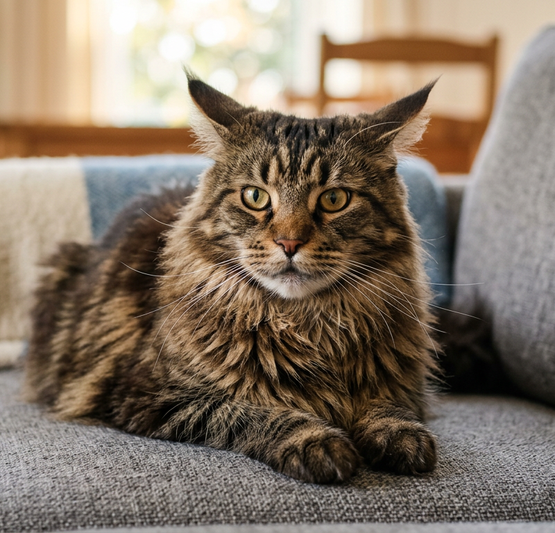 A domestic tabby cat with ears slightly tilted back in an airplane ears position while sitting on a sofa.