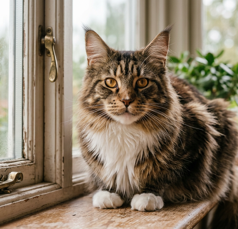 A close-up of a fluffy Maine Coon cat with clear bright eyes sitting in morning sunlight.