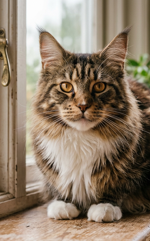 A close-up of a fluffy Maine Coon cat with clear bright eyes sitting in morning sunlight.