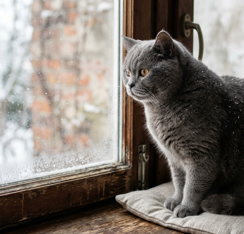A fluffy grey British Shorthair cat sitting near a window with snow outside, showing small white flakes on its back.
