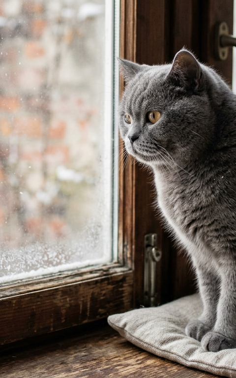 A fluffy grey British Shorthair cat sitting near a window with snow outside, showing small white flakes on its back.