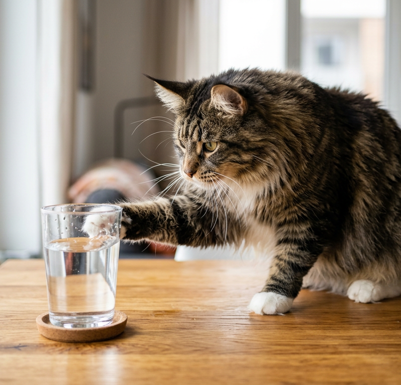 A sleek Siamese cat sitting on a wooden table looking intensely at a small glass as it paws the edge.