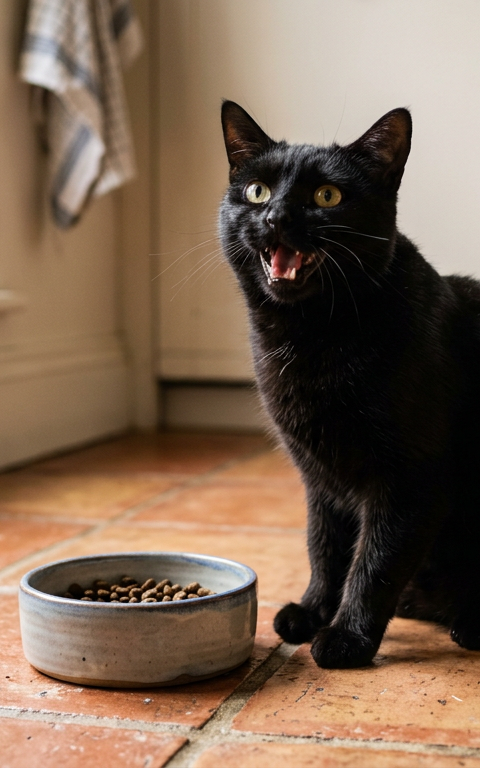 A vocal domestic shorthair cat sitting next to an empty food bowl in a kitchen setting.