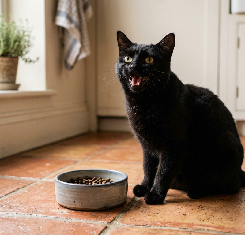 A vocal domestic shorthair cat sitting next to an empty food bowl in a kitchen setting.