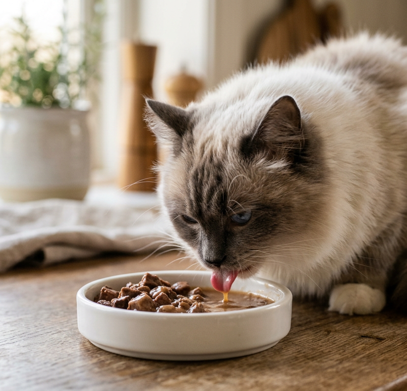 A fluffy Ragdoll cat licking only the liquid from a bowl of chunky wet cat food on a kitchen floor.