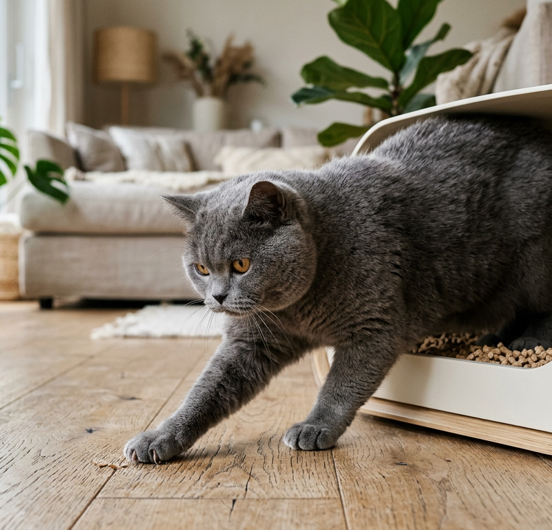 A grey British Shorthair cat standing in a litter box and reaching out to scratch the wooden floor beside it.