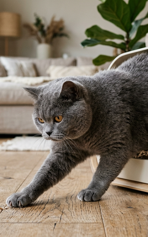 A grey British Shorthair cat standing in a litter box and reaching out to scratch the wooden floor beside it.