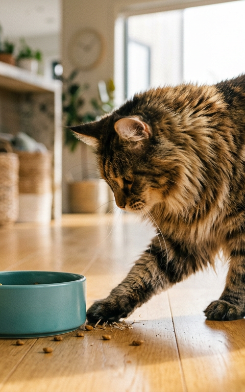 A Siamese cat intently scratching the wooden floor next to a ceramic bowl of cat food.