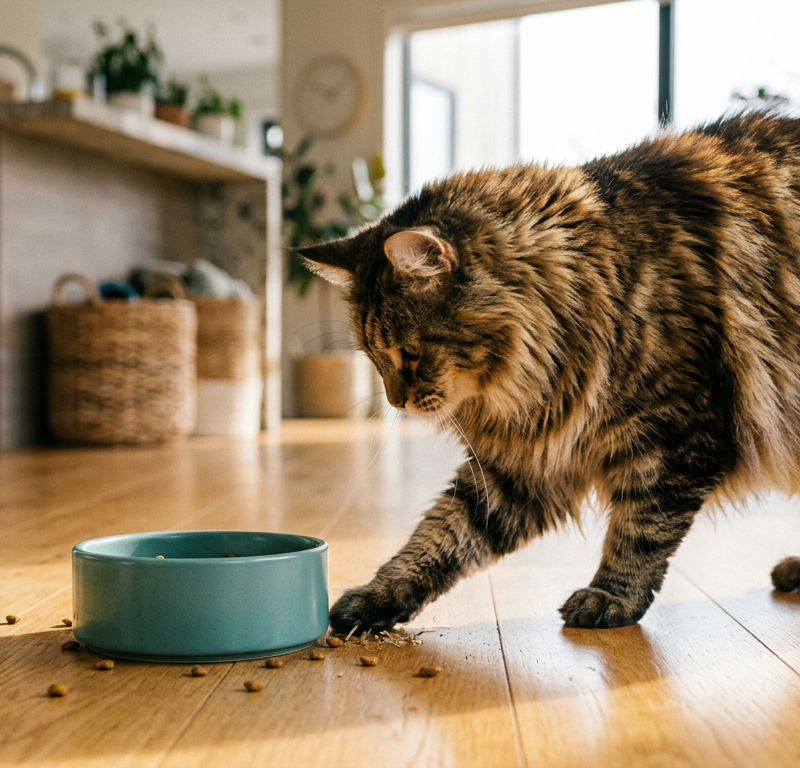 A Siamese cat intently scratching the wooden floor next to a ceramic bowl of cat food.