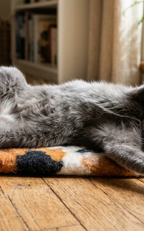 A fluffy calico cat lying on its back on a wooden floor showing its white belly fur.