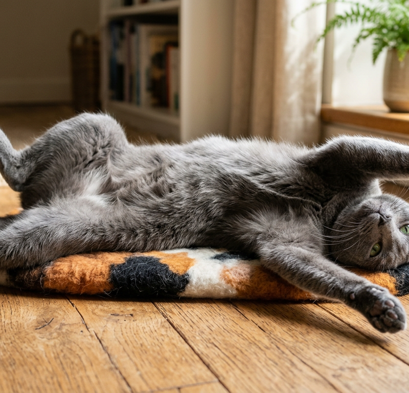 A fluffy calico cat lying on its back on a wooden floor showing its white belly fur.