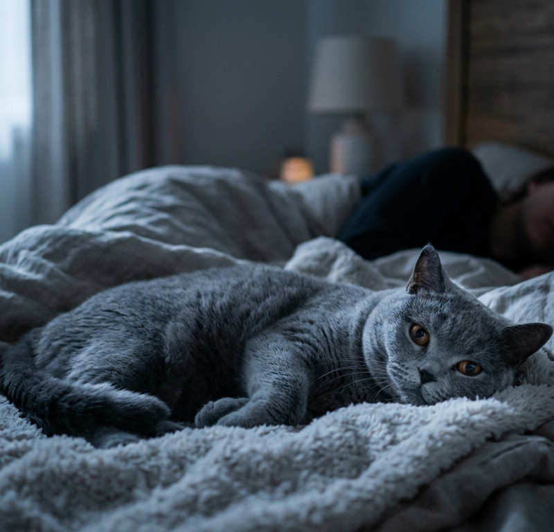 A fluffy Ragdoll cat sitting peacefully on a person's chest in a dark, moonlit bedroom.