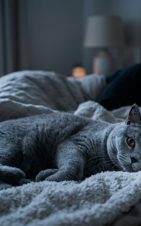 A fluffy Ragdoll cat sitting peacefully on a person's chest in a dark, moonlit bedroom.
