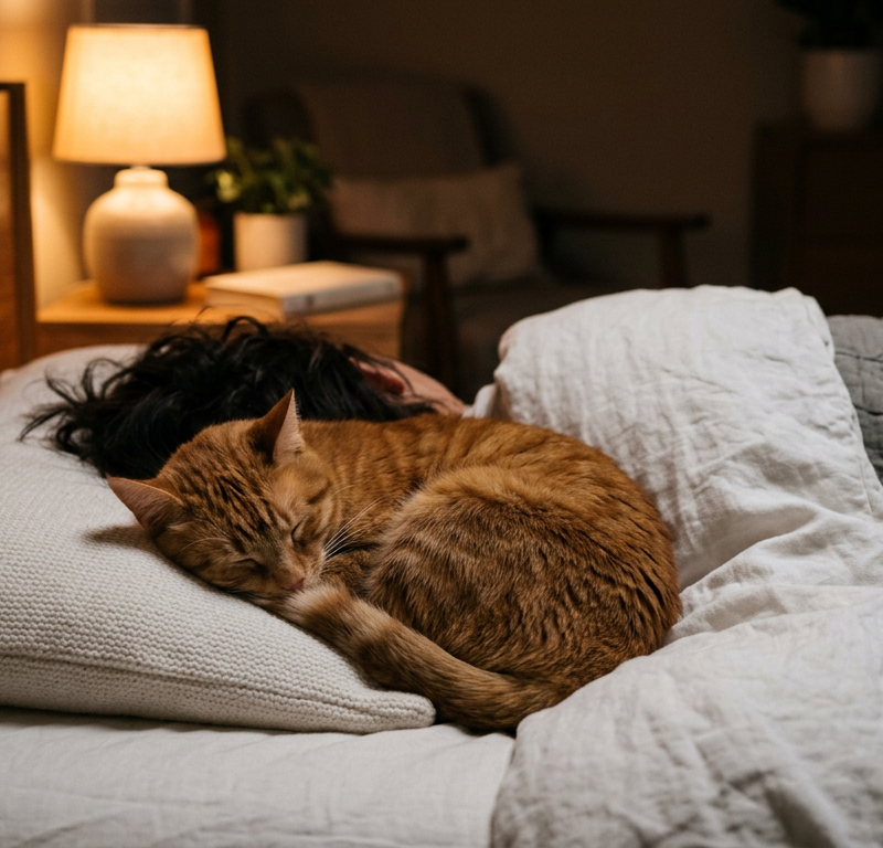 A ginger tabby cat curled up peacefully on a white pillow next to a person's head during the night.
