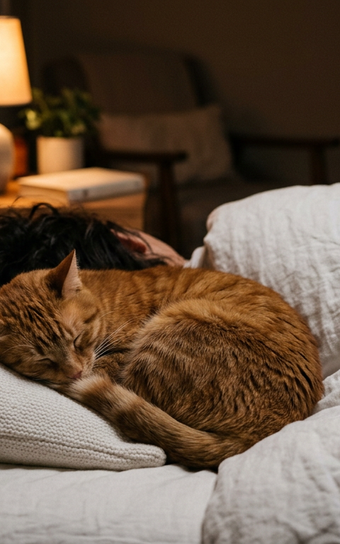 A ginger tabby cat curled up peacefully on a white pillow next to a person's head during the night.