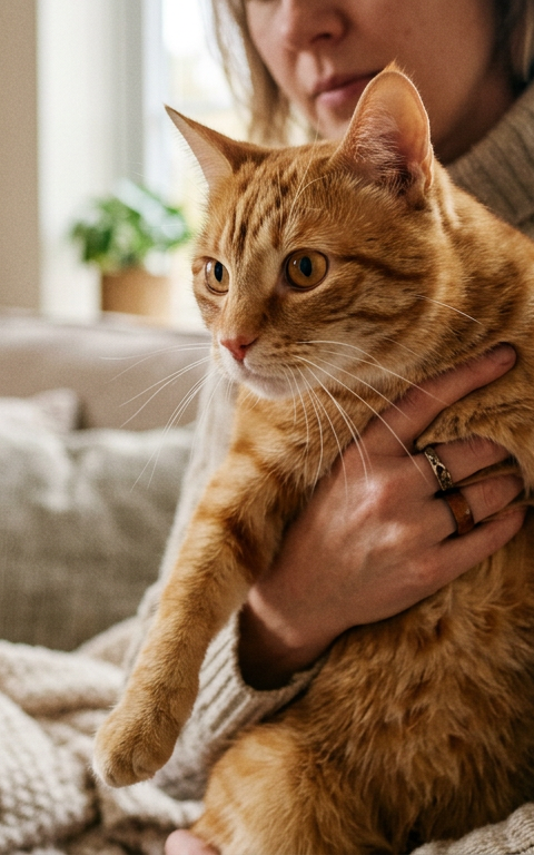 A fluffy ginger tabby cat looking slightly stiff and alert while being held by a person indoors.