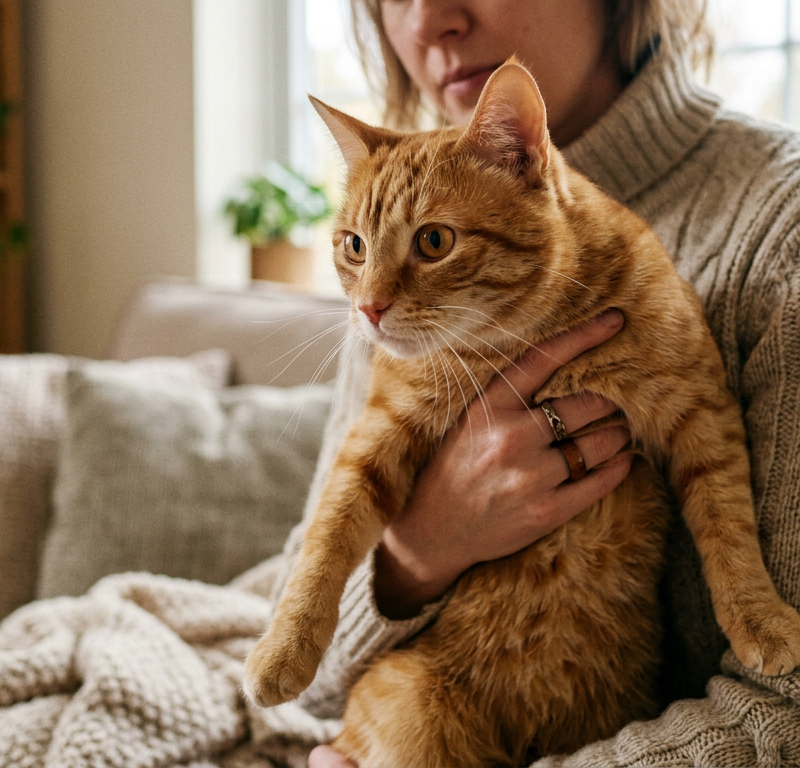 A fluffy ginger tabby cat looking slightly stiff and alert while being held by a person indoors.