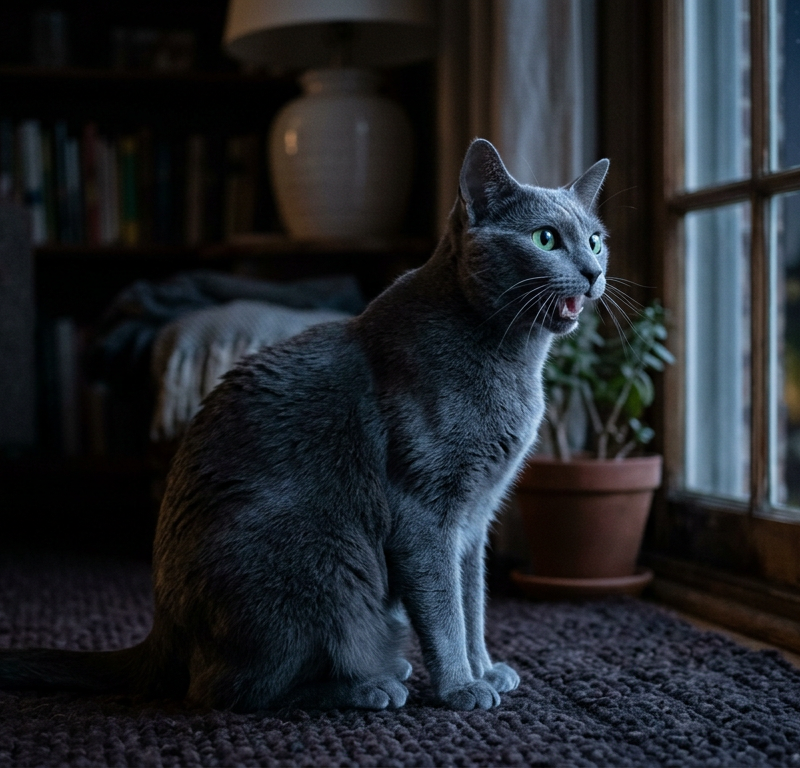 A sleek Russian Blue cat sitting on a wooden floor in a dimly lit room, looking toward a window.