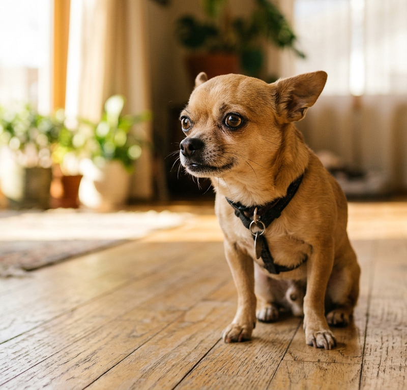 A small tan Chihuahua sitting on a wooden floor, looking alert with slight muscle tremors visible.