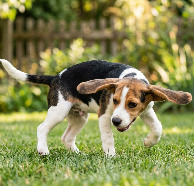 A Beagle dog spinning in a circle on green grass in a suburban backyard.