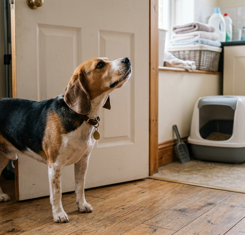 A curious Beagle sniffing around a laundry room near a cat litter box area.