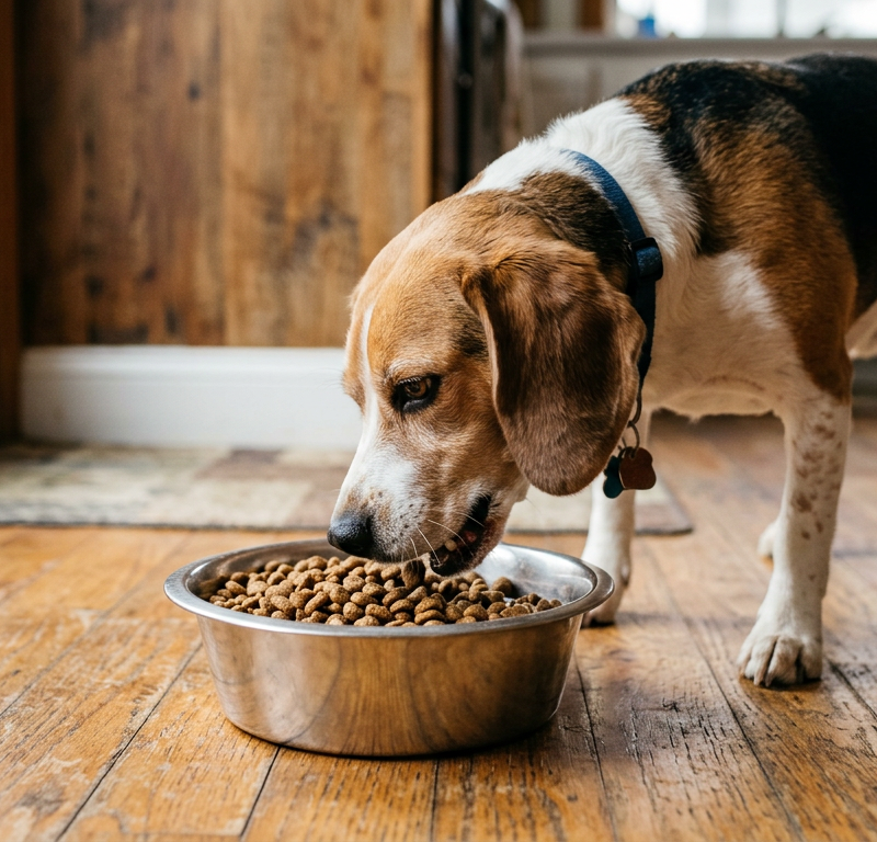 A Beagle eating food very quickly from a standard metal bowl in a kitchen setting.