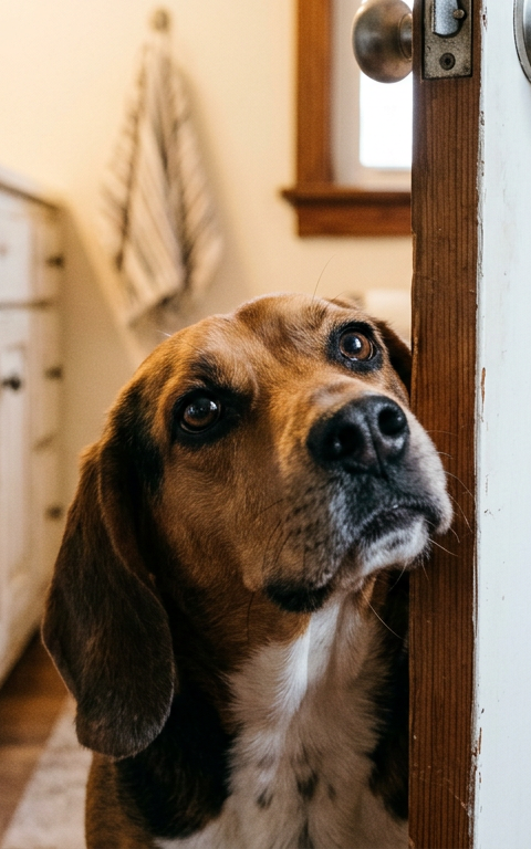 A curious Beagle peering through a slightly open bathroom door with an inquisitive expression.