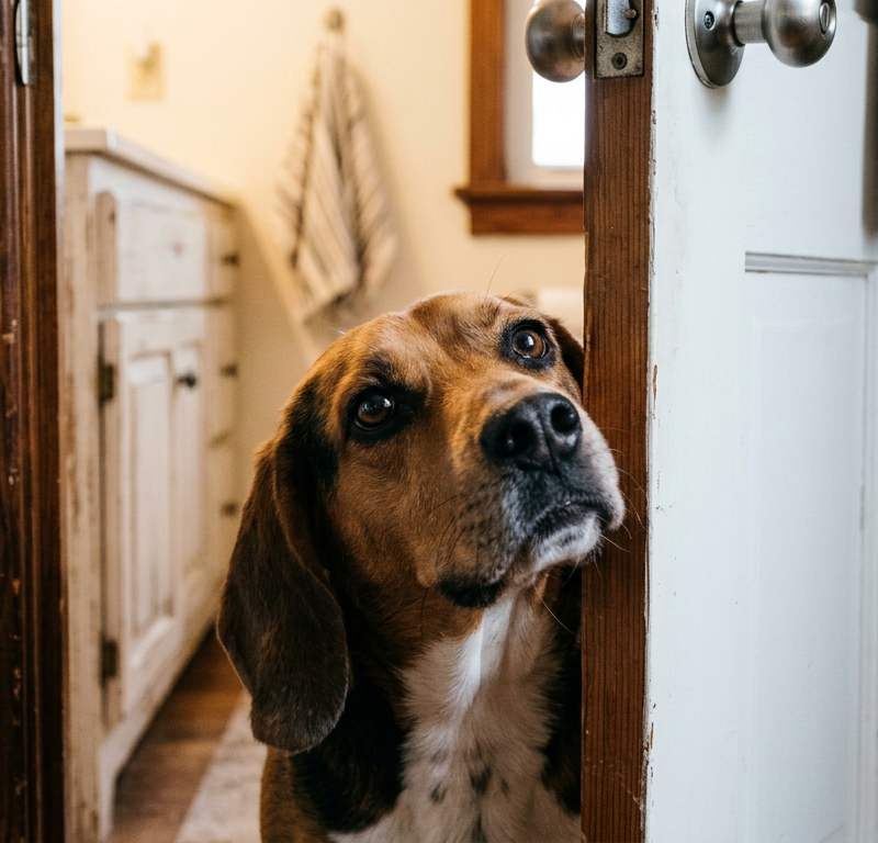 A curious Beagle peering through a slightly open bathroom door with an inquisitive expression.