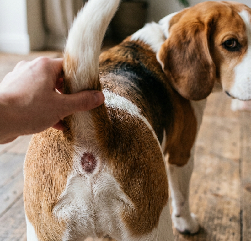 A Beagle dog sitting calmly while a person examines a small bald patch at the base of its tail.