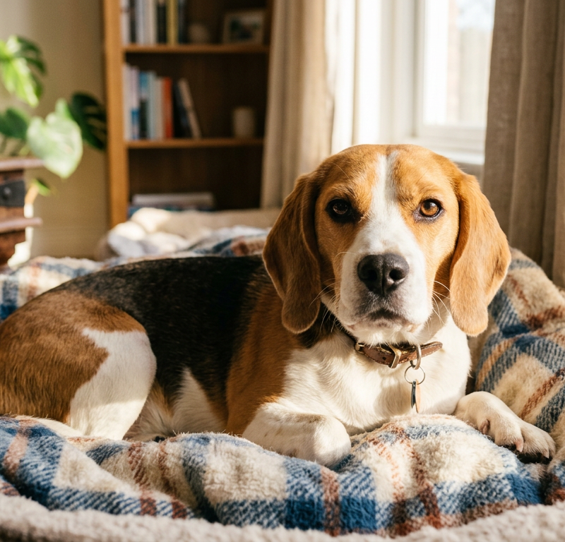 A close-up of a Beagle waking up in a sunlit room with clear eyes.