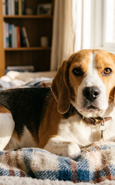 A close-up of a Beagle waking up in a sunlit room with clear eyes.