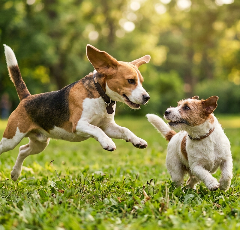 A Beagle and a Jack Russell Terrier playing together in a grassy park setting under sunlight.