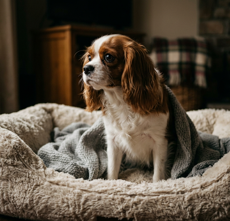 A small Cavalier King Charles Spaniel shivering in a dark living room at night.