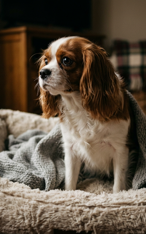A small Cavalier King Charles Spaniel shivering in a dark living room at night.