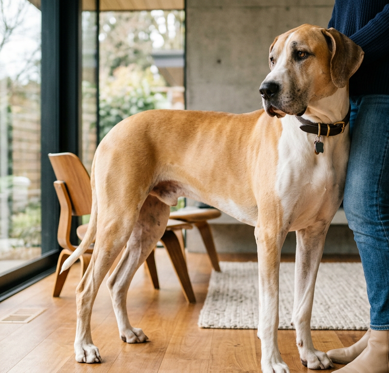 A large Great Dane dog leaning its body weight against a person's blue jeans in a sunlit living room.