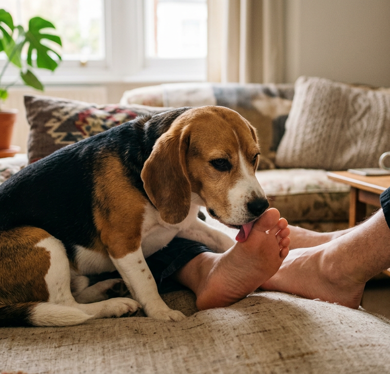 A curious Beagle sniffing and licking the toes of a person sitting on a sofa in a bright living room.