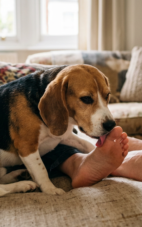 A curious Beagle sniffing and licking the toes of a person sitting on a sofa in a bright living room.