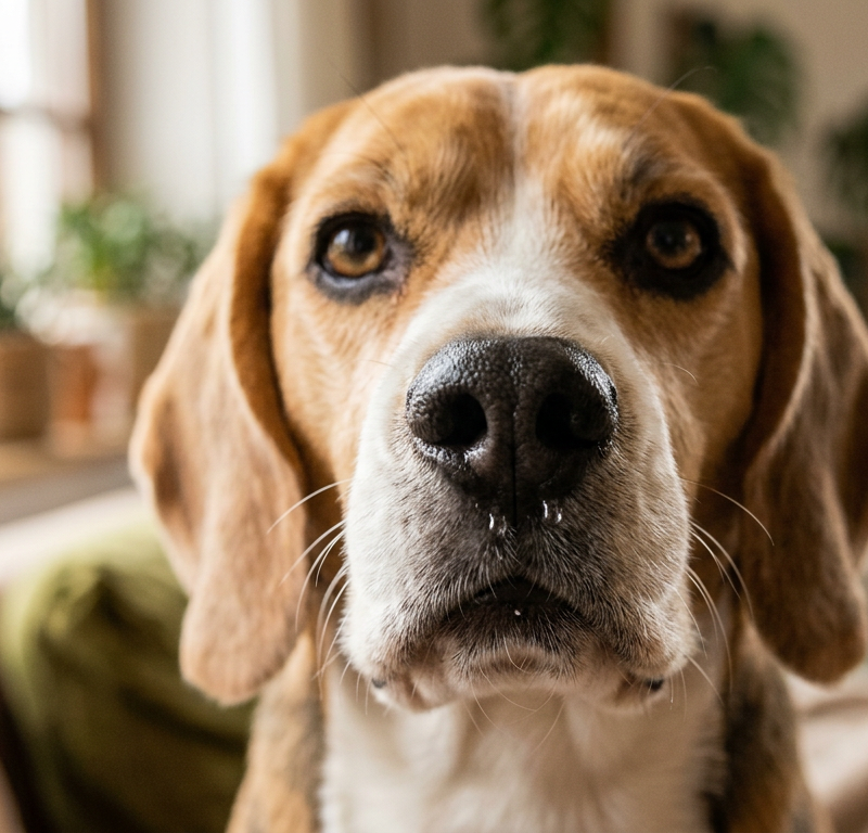 A cute Beagle dog with a slightly wet nose looking curiously at the camera in a sunny home.