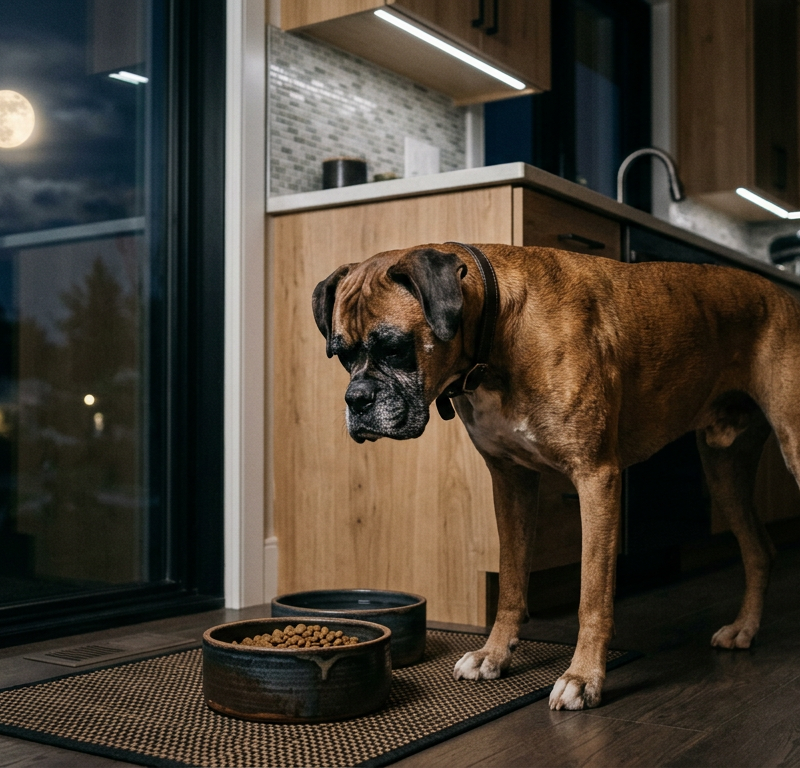 A brown Boxer dog standing near a food bowl in a dimly lit kitchen at night.