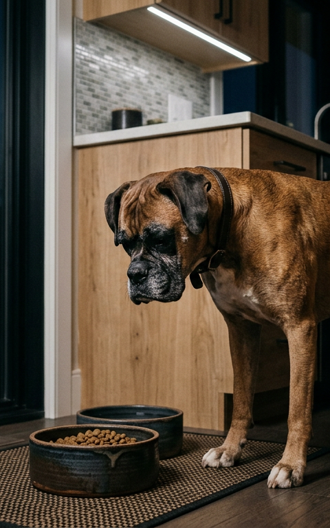 A brown Boxer dog standing near a food bowl in a dimly lit kitchen at night.