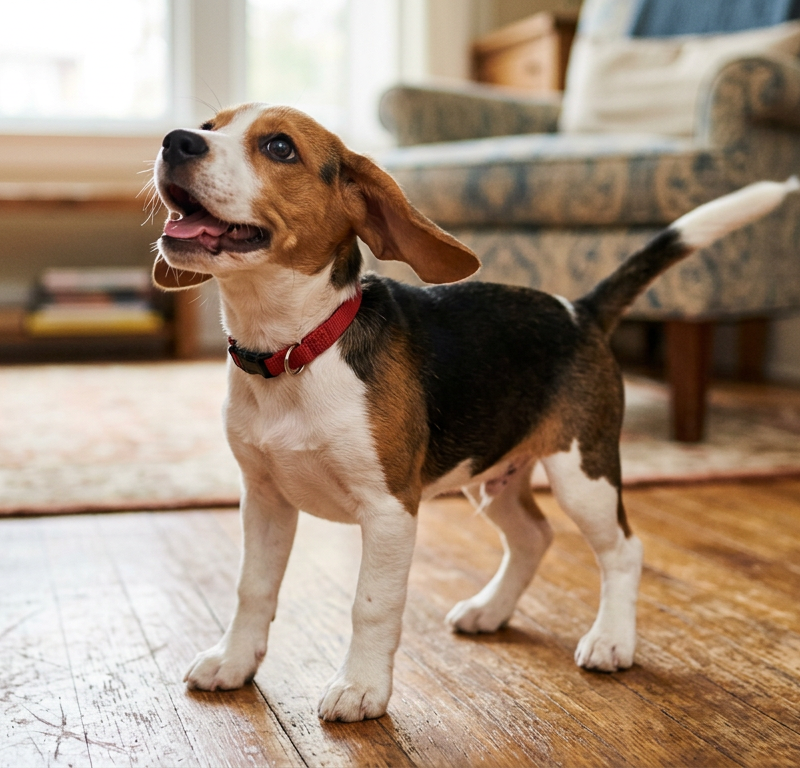 A young Beagle puppy looking up excitedly with a wagging tail in a living room setting.