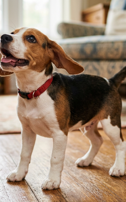 A young Beagle puppy looking up excitedly with a wagging tail in a living room setting.