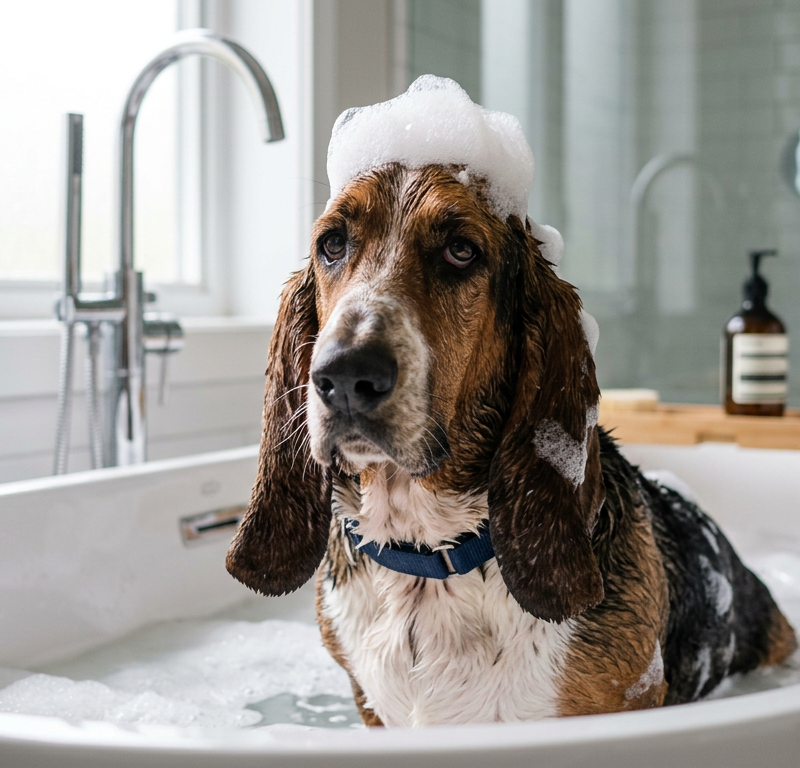 A wet Basset Hound sitting in a white bathtub looking slightly grumpy after a bath.