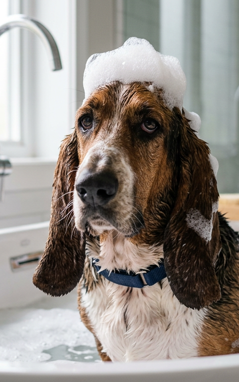 A wet Basset Hound sitting in a white bathtub looking slightly grumpy after a bath.