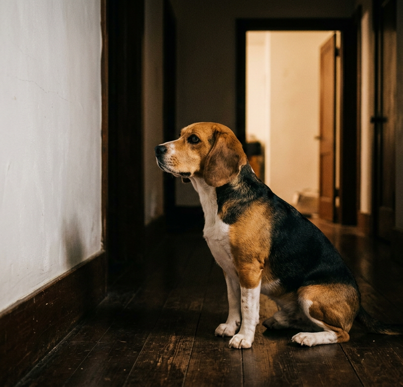A focused Beagle sitting on a wooden floor in a dimly lit hallway staring at a white wall.