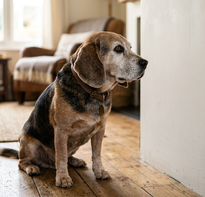 A senior Beagle dog sitting on a wooden floor staring thoughtfully at a sunlit wall.